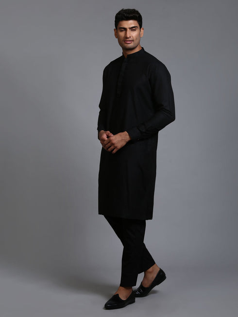 Vastramay Men's Black Cotton Blend Kurta and Pant Set